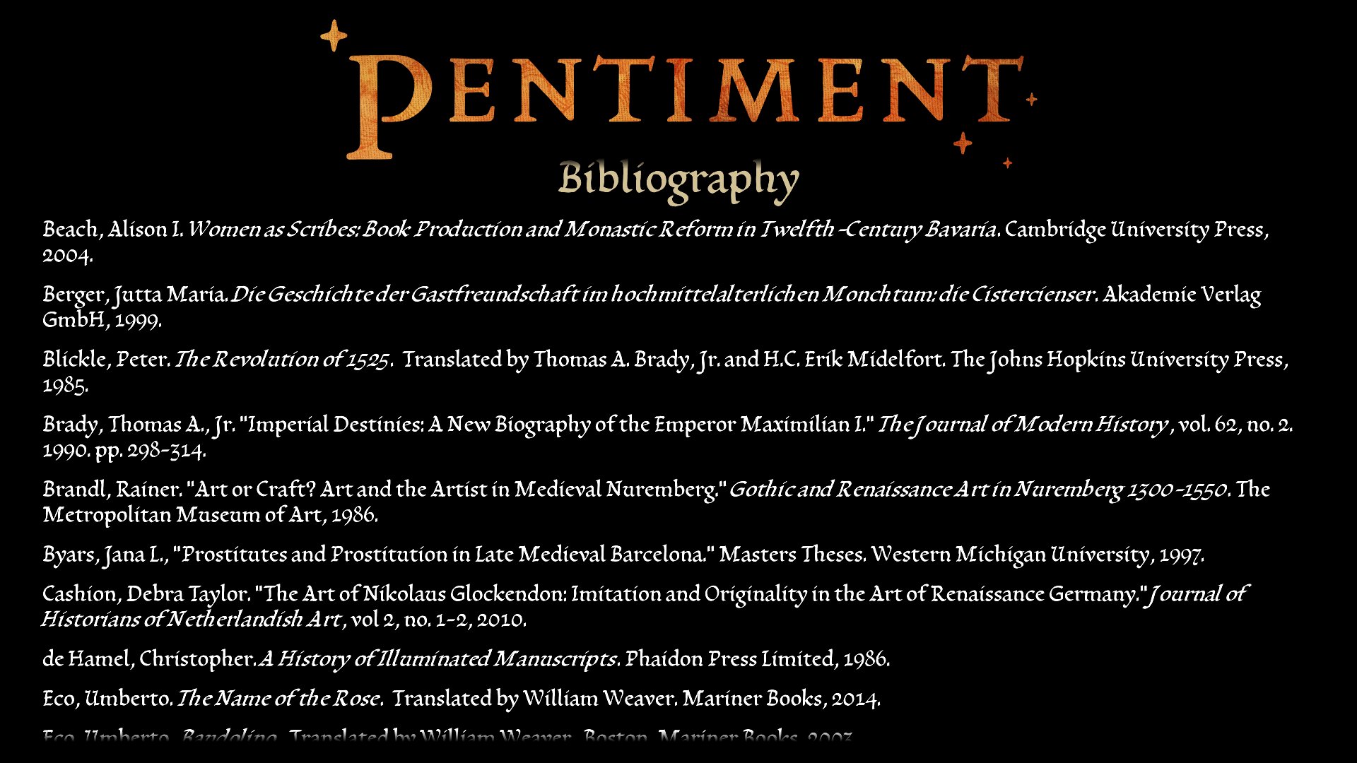 Felipe Pepe on Twitter: "Pentiment lists bibliography in its credits and I  think that's beautiful ❤️" / Twitter