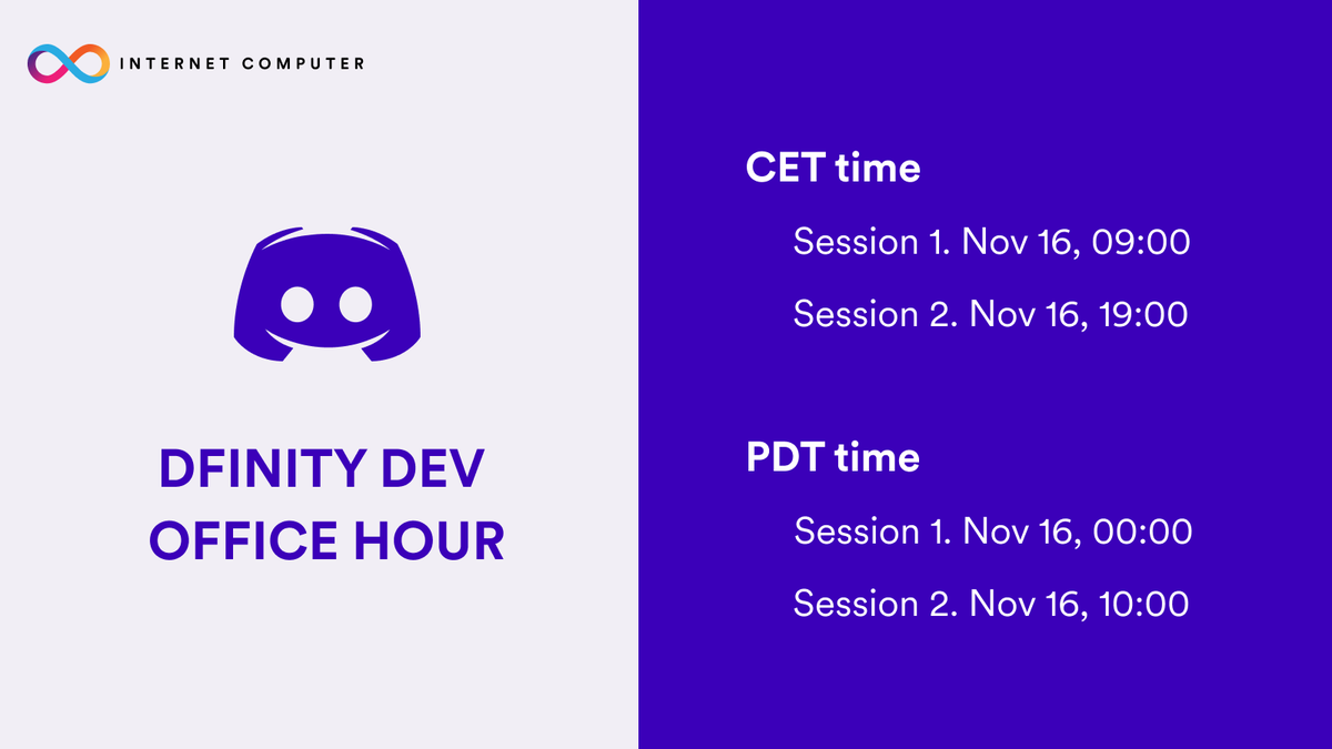DFINITYDev's tweet photo. Join our @DFINITY office hours and meet with our team!
This week we have @domiwoe and @CarstenJacobsen hosting two sessions 😃
RSVP at #event channel here: https://t.co/74sGTTvxlI https://t.co/qHm3p7HoP8