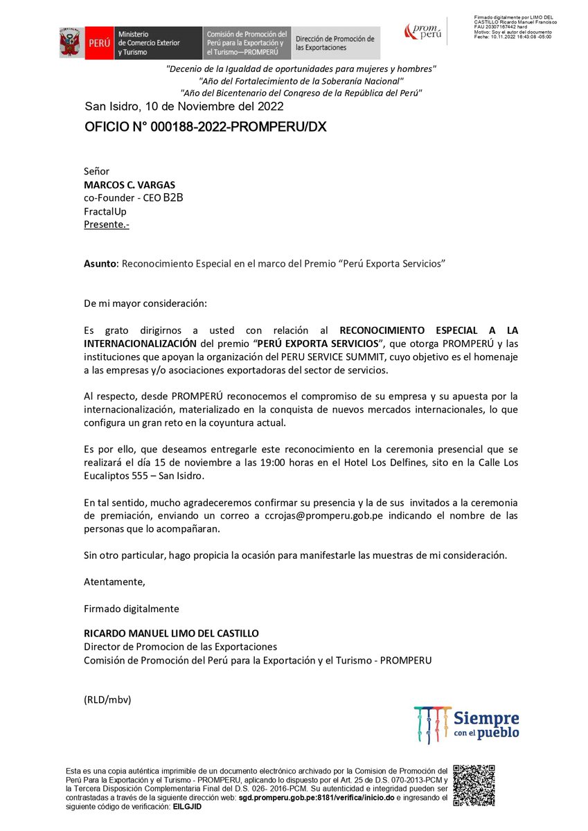 FractalUp's tweet photo. “Reconocemos el compromiso de su empresa y su apuesta por la internacionalización, materializado en la conquista de nuevos mercados internacionales, lo que configura un gran reto en la coyuntura actual”, resaltó Ricardo Limo, Director de Promoción de Exportaciones - @Promperu https://t.co/VbH8gqQ5mC