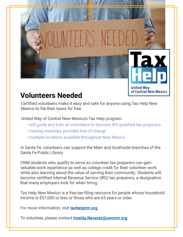 Want to a learn a new skill AND help others at the same time? Tax Help NM is recruiting for volunteers to learn tax basics which will help others for the upcoming tax season. Training begins DECEMBER 5TH! 

Sign up➡️ uwcnm.org/tax-help-new-m…

#uwcnm #tachelp #taxhelpnm #liveunited
