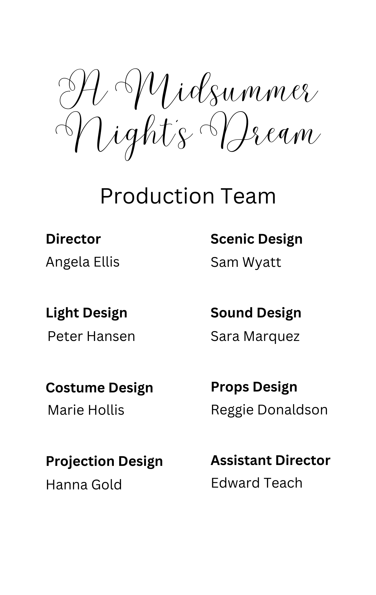 Inside page of the program. Text reads a Midsummer Night's Dream Director Angela Ellis Scenic Design Sam Wyatt Light Design Peter Hansen Sound Design Sara Marquez Costume Design Marie Hollis Props Design Reggie Donaldson Projection Design Hanna Gold Assistant Director Edward Teach