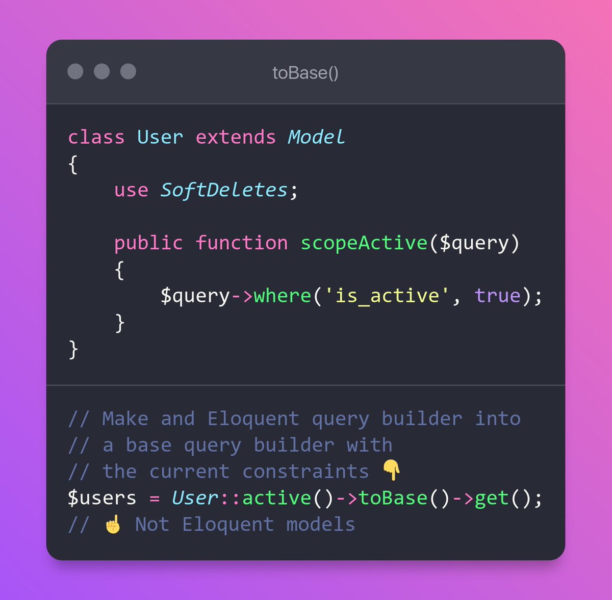 🔥 Laravel Tip: Prevent model hydration on Eloquent queries.

If you want to take advantage of Eloquent features (ex: scopes, soft deletes, etc). 

But you don't want the query to hydrate models for performance reasons. You can call the `toBase` method on your query.