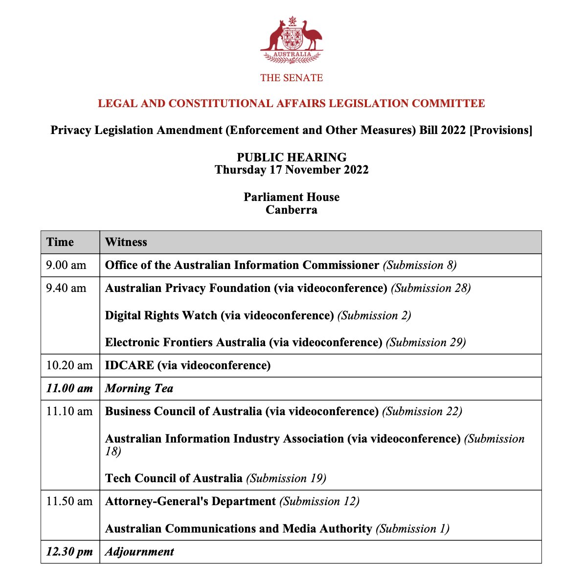 Today we're appearing at a public hearing for the senate inquiry into the Privacy Legislation Amendment (Enforcement and Other Measures) Bill, alongside other civil society groups, <a href="/efa_oz/">EFA is @ aus.social</a> and <a href="/apf_oz/">Australian Privacy Foundation</a>. 

More details about the inquiry here: aph.gov.au/Parliamentary_…