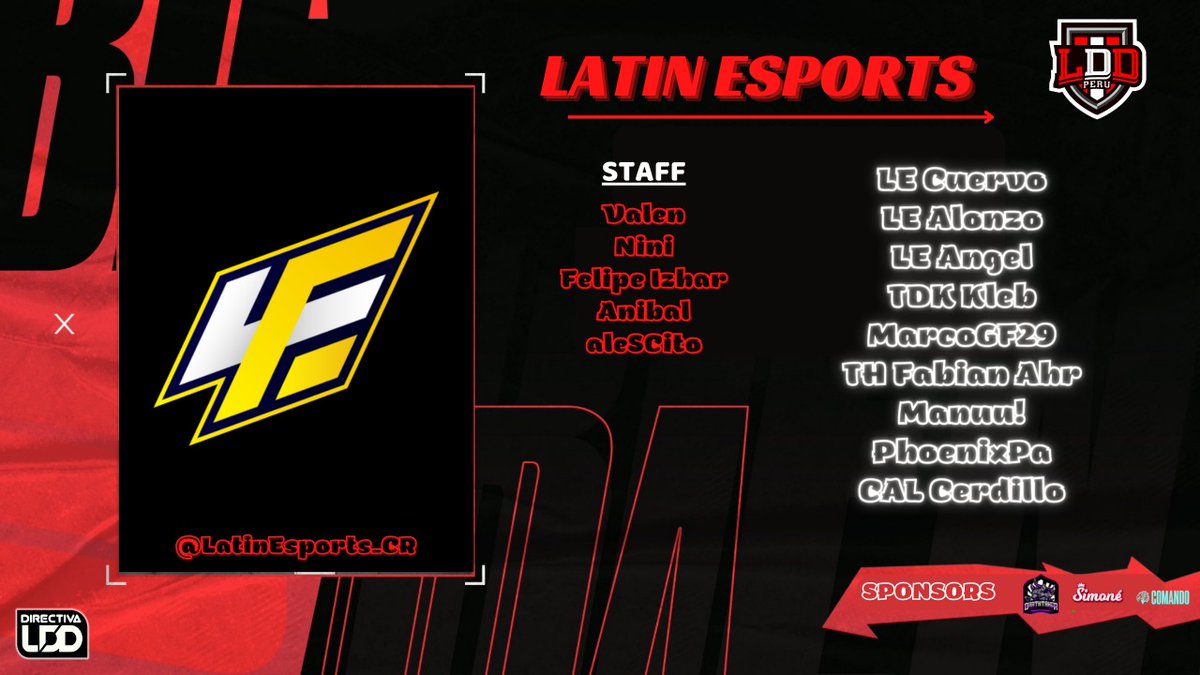 ROSTER COMPETITIVO 🔟

El campeón del presencial LDD se hace presente en esta nueva edición 

⚔️ <a href="/LatinEsports_CR/">Latin Esports</a>

JUGADORES
🇵🇪 <a href="/Cr_Kalibre/">Cuervo the Best</a>
🇵🇪 <a href="/Alonzo03_CR/">Alonzo</a>
🇵🇪 <a href="/Angel0603_/">Angel Contreras</a>
🇵🇪 <a href="/TKD_kleb/">K-leb</a>
🇵🇪 <a href="/Marco_GF_29/">MarcoGF29*-*/</a>
🇵🇪 <a href="/fabianhr1504/">💎</a>
🇵🇪 <a href="/Manu300802/">1924 MvnⓊ 29! 🏆</a>
🇵🇦 <a href="/PhoenixPaAngel/">Phoenix</a>
🇲🇽 <a href="/Cerdillo12/">Cerdillo</a>

#EstoEsLDD🔥