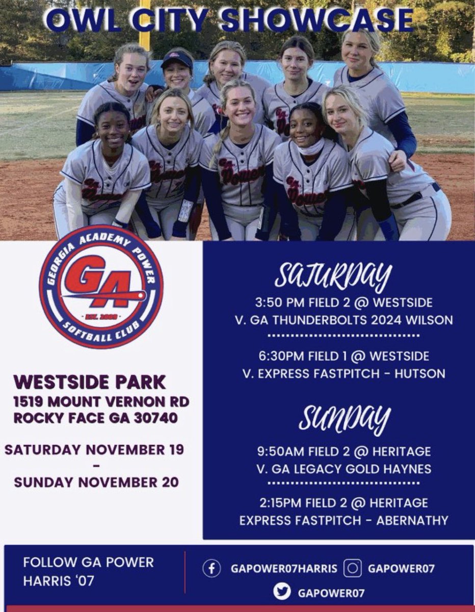 Come check us out this weekend up in Dalton, Ga. <a href="/GaPower07/">Harris Softball</a> <a href="/SUHawksSoftball/">Shorter University Softball</a> <a href="/TTU_Softball/">Tennessee Tech Softball</a> <a href="/UWFSoftball/">UWF Softball</a> <a href="/GSU_Softball/">GSU Softball</a> <a href="/PaineAthletics/">Paine Athletics</a> <a href="/BerrySoftball/">Berry Softball</a>