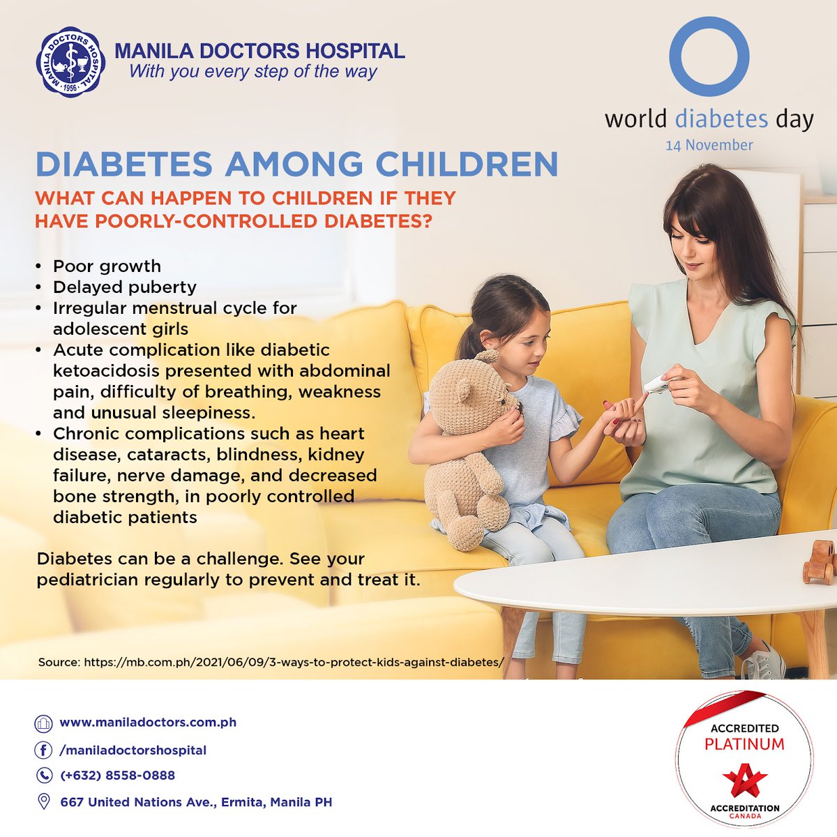 ManilaDoctors's tweet photo. Did you know that children can be afflicted with diabetes too?

If your child is showing any of these symptoms, consult with a pediatrician and diabetologist right away. Call us at (+632) 8558-0888 to book an appointment. https://t.co/cf3Cny5gzB
