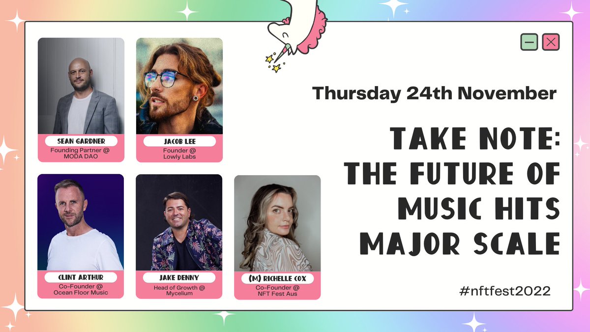 [ BROADCAST R3CEIVED: <a href="/NFTFestAus/">NFT Fest Australia</a> ]

Our founder <a href="/LowlyLyricist/">Jacob Lee</a> will be speaking alongside @seanogardner, @ClintOFM, <a href="/jakedenny/">Jake Denny</a> &amp; <a href="/rvchellecox/">richellecox.eth 🪐</a> about the future of music &amp; NFTs at <a href="/NFTFestAus/">NFT Fest Australia</a> on the 24th at 4pm AEDT 🦄

Let's go 🔥