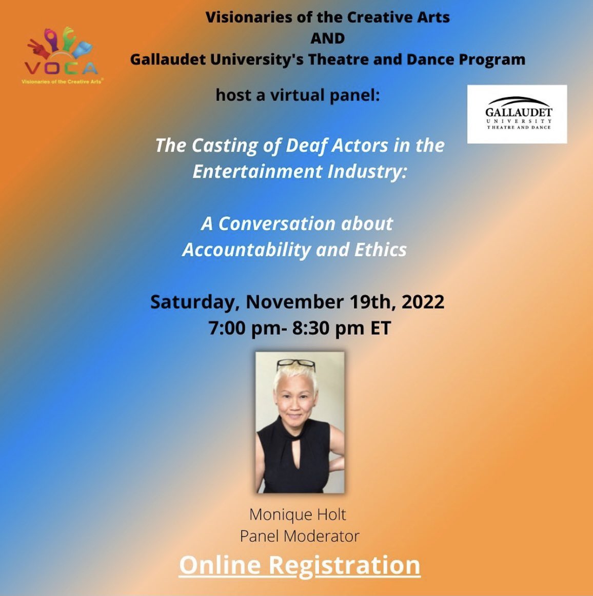 Come and join us in an open discussion about casting Deaf actors in the entertainment industry. 

This Saturday
November 19th
from 7:00 pm to 8:30 pm EST

Register below:

us02web.zoom.us/webinar/regist…