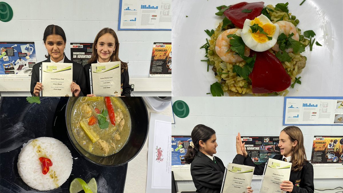 oxtedschool's tweet photo. Lola &amp; Charu competed in the Rotary Young Chef Competition. Both ladies produced some amazing food! After some debate &amp; with just 3 points between them Lola took the win. They have both been awarded with some work experience at Thai Pad in Oxted. @OxtedRotary @TandridgeIndpt https://t.co/KALgNVSjmG