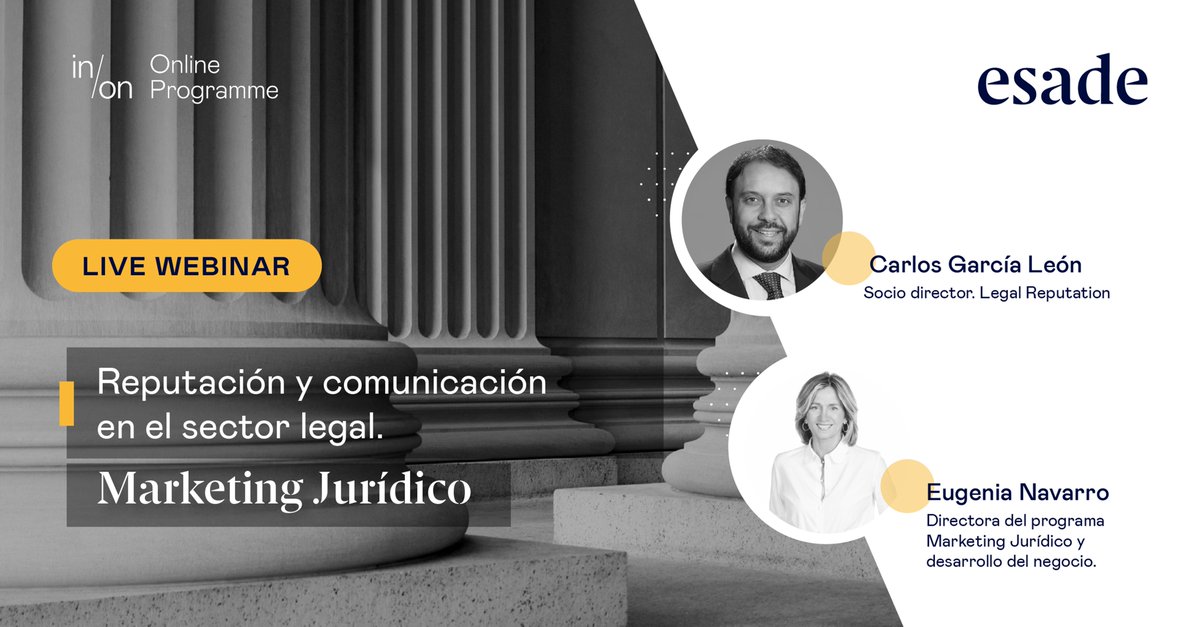 Nuestro socio director, <a href="/cgarcialeon/">Carlos García-León</a>, imparte hoy la sesión “Reputación y #comunicación en el sector legal” en el Programa márketing jurídico y negocio, que dirige <a href="/eugenianavarros/">Eugenia Navarro</a>, dentro del Certificado Derecho y Tecnología de <a href="/MITProfessional/">MIT Professional Ed</a> y @ESADE bit.ly/3AgCtD6