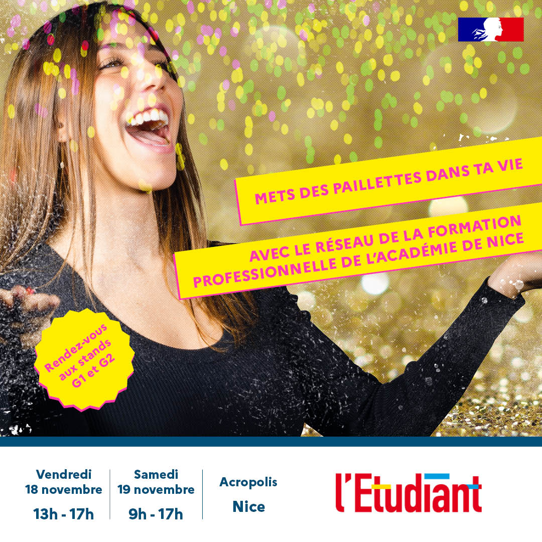 GRETA Côte d'Azur (@gretacotedazur) on Twitter photo Prêts à mettre des paillettes dans votre vie ? ✨
📅 Retrouvez nos équipes d'experts en #alternance et #formation continue les 18 et 19 novembre au Salon
<a href="/letudiant/">l'Etudiant</a> à @AcropolisNice !
#Nice #CôtedAzur #FormationContinue #GRETA Prêts à mettre des paillettes dans votre vie ? ✨
📅 Retrouvez nos équipes d'experts en #alternance et #formation continue les 18 et 19 novembre au Salon
<a href="/letudiant/">l'Etudiant</a> à @AcropolisNice !
#Nice #CôtedAzur #FormationContinue #GRETA