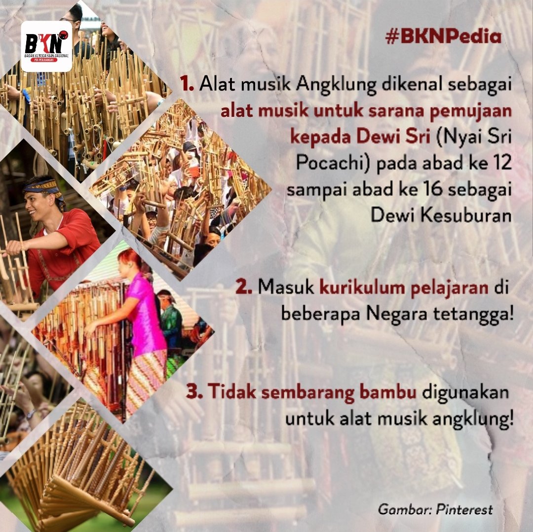 bknpusat1's tweet photo. Halo sobat BKN, kali ini #BKNPedia mau membahas soal fakta unik Angklung sebagai salah satu alat musik tradisional Indonesia.
Selain itu jangan lupa juga kalau hari ini merupakan Hari Angklung Nasional juga loh.
#BKN #BKNPDIP #BKNPDIPerjuangan #PDIPerjuangan #PDIP #HariAngklung. https://t.co/PMnV9m4e9a