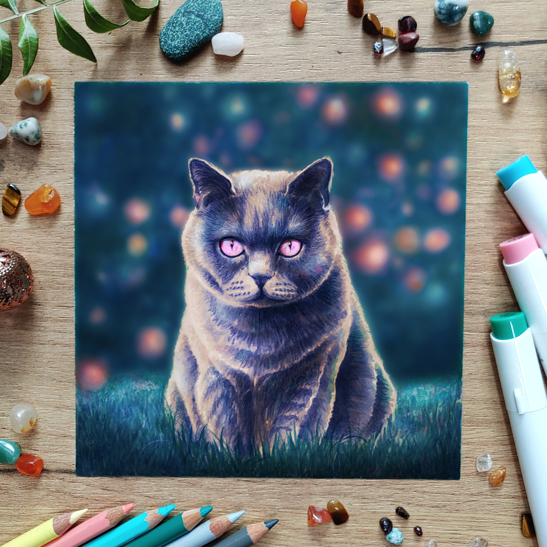 chabi_chu's tweet photo. Kleine Mietz am Mittwoch - Mixed Media 😺
.
Gemalt ist diese mit Markern und Buntstiften auf einem speziellen Markerpapier. Danach habe ich die Mietz digital bearbeitet (Hintergrund verschwommen gemacht und einen Parallax-Effekt getestet).

#kleinekunstklasse #katze #artontwitter https://t.co/nJMafhnqeH