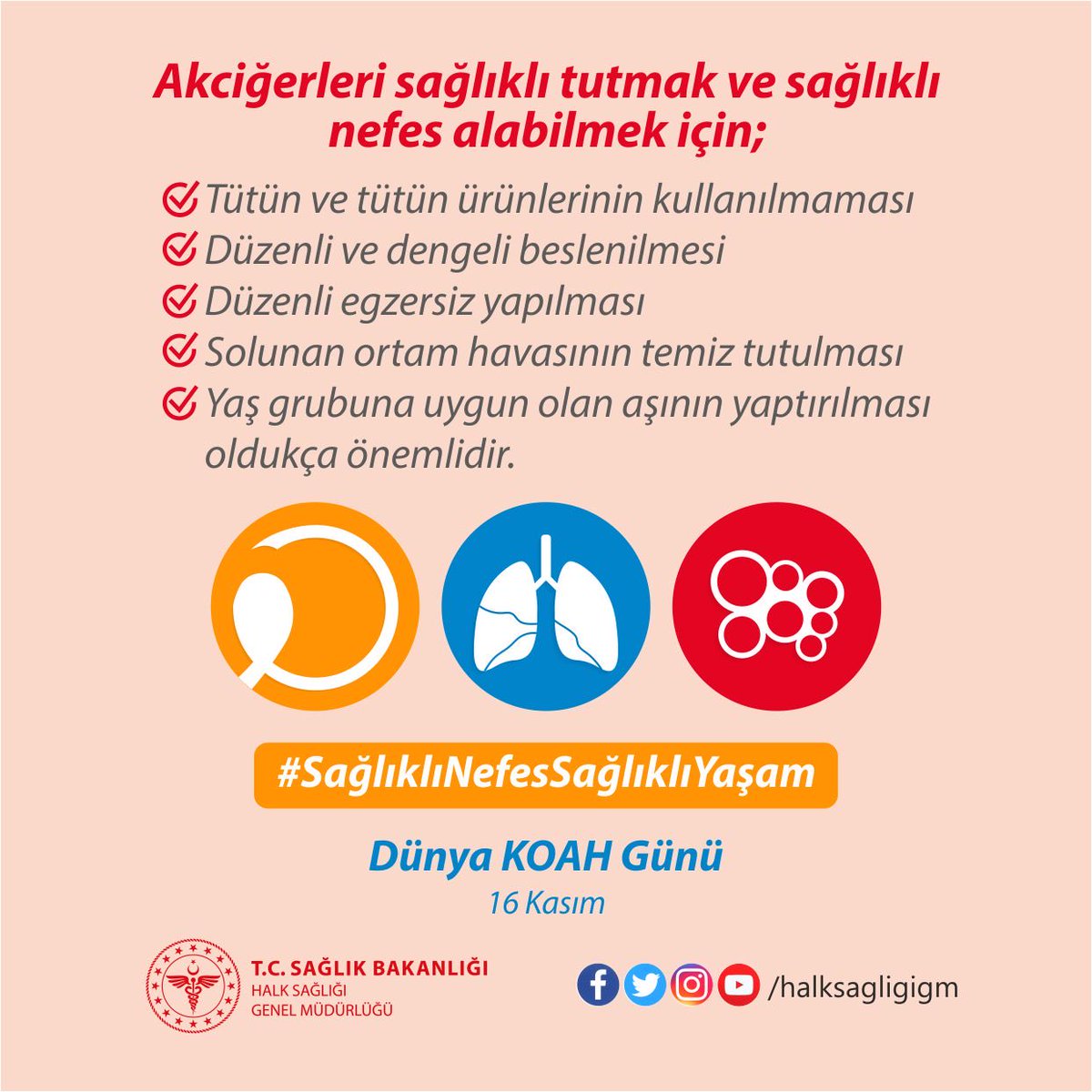 KOAH’da en sık görülen yakınmalar; öksürük, balgam, nefes darlığı ve bazı olgularda yorgunluk hissidir. KOAH'ın tanısı, sağlık kurumlarında basit ağrısız bir test olan “nefes ölçüm testi” ile kolayca konulabilmektedir.
#DünyaKOAHGünü
#SağlıklıNefesSağlıklıYaşam