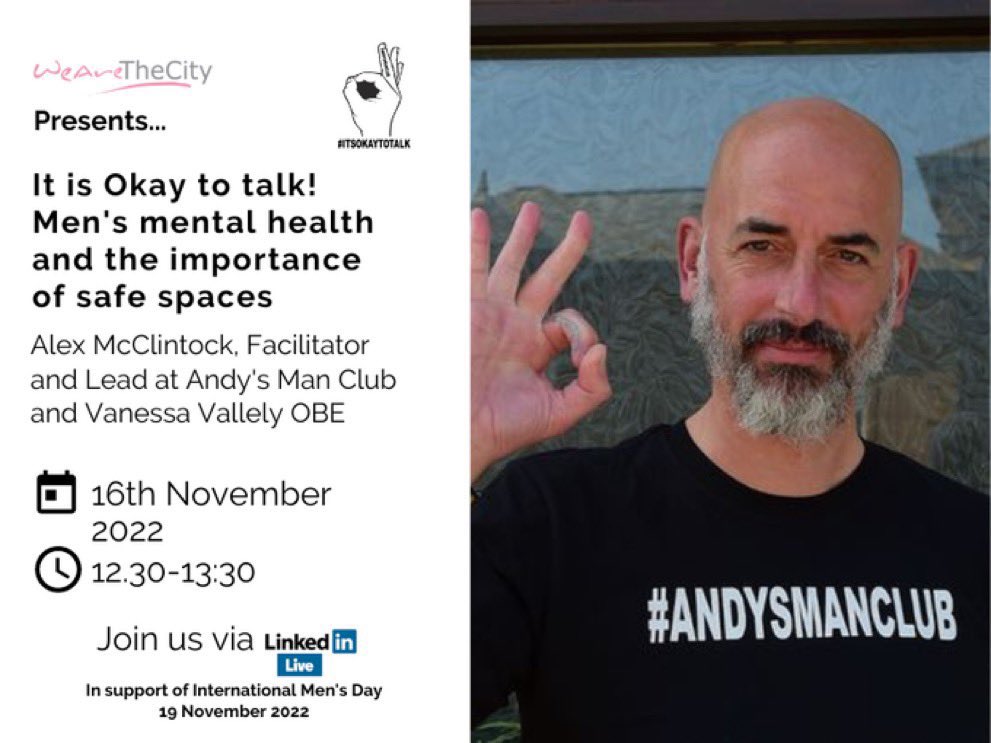 Join me at 12.30 on LinkedIn for this live conversation with the amazing Alex from <a href="/andysmanclubuk/">#ANDYSMANCLUB</a> - Please share with anyone who may be interested in joining - linkedin.com/video/event/ur… #imd #mentalhealth #MensHealthAwarenessMonth @AndysmanclubSco