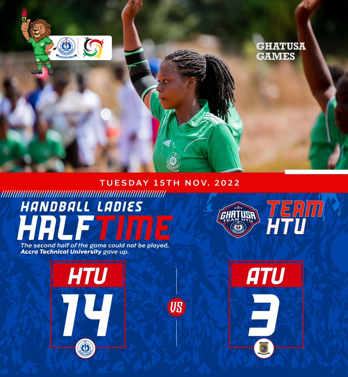 Official_HTU's tweet photo. Team HTU on Day 3 of the #GHATUSA games, gave their opponents in the Men and Women Handball fixtures, 'wotowoto', forcing them to concede early defeat before the final whistle. 😉
#teamHTU #ghatusatamale2022 https://t.co/Ev1DZ84jFG
