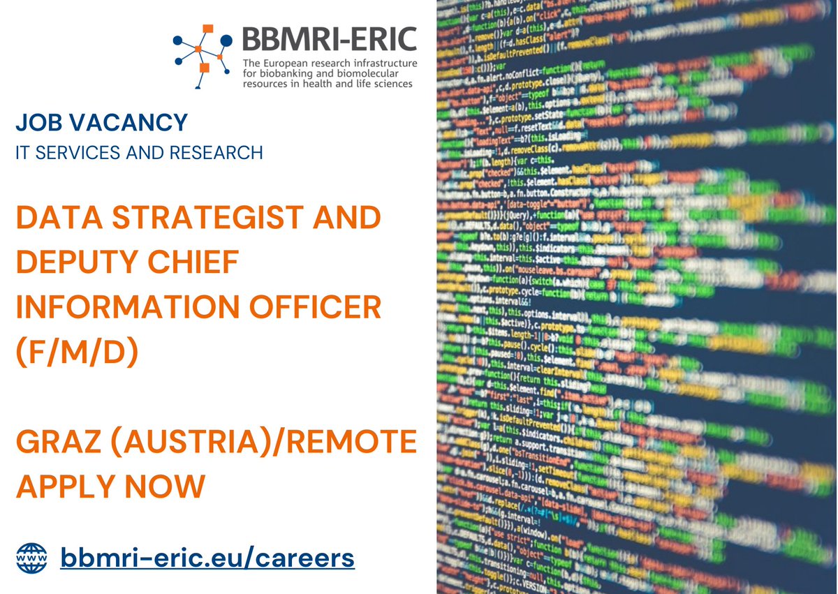 We are #hiring a Data Strategist &amp; Deputy CIO. 
You will develop our data strategy and drive the daily IT operations at the European research infrastructure for #biobanking &amp; biomolecular resources.

📨 Apply now to join us in Graz/remote! 
bit.ly/3UCCNUw 
#ITHiring