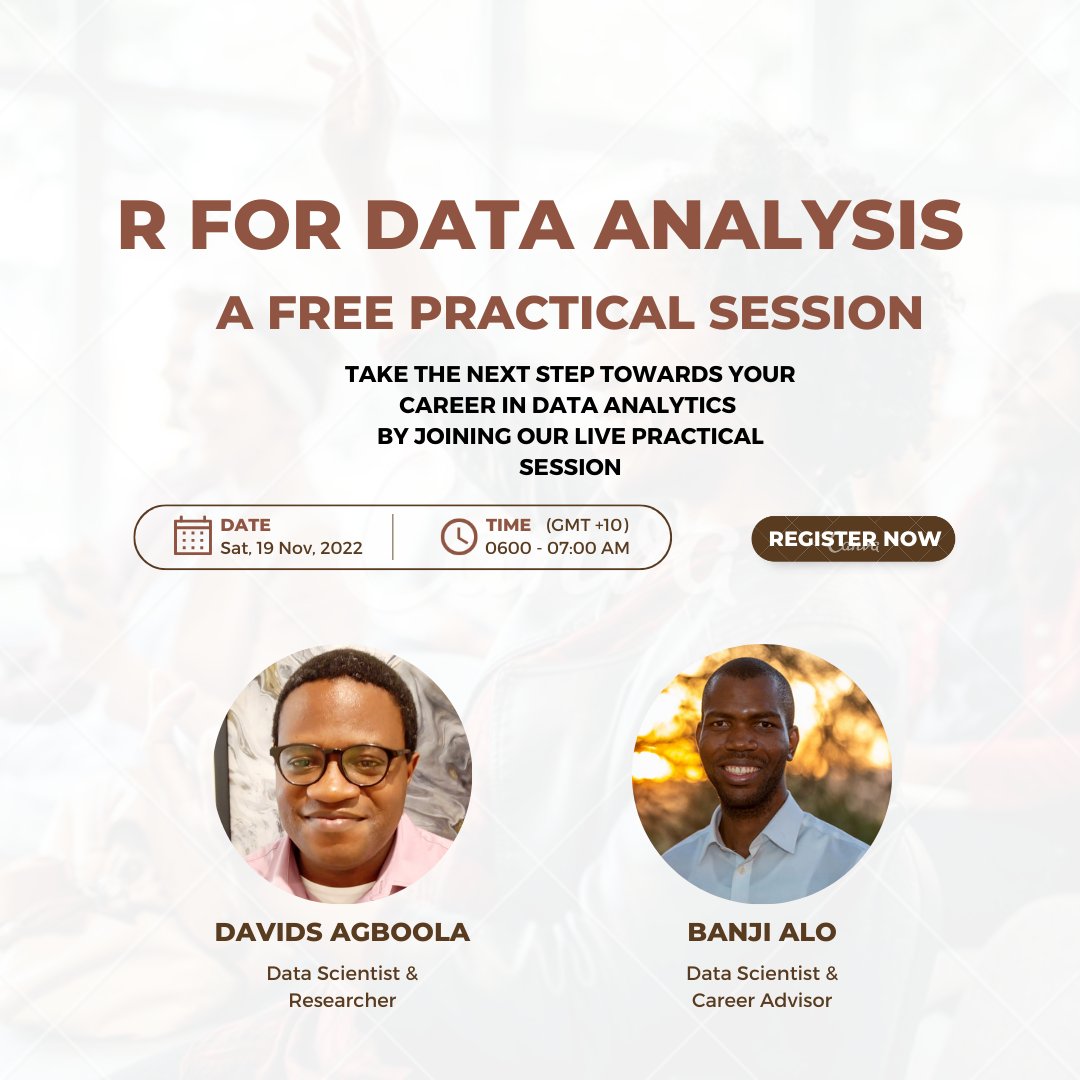 Data Analytics is one of the most in-demand skills.

Join us as we lead a FREE live practical session using R for Data Analysis.

This is your chance to launch your career using R for Data Analysis as you prepare for 2023

Sign up - lnkd.in/gYfnvyKK

#dataanalysis #rstats