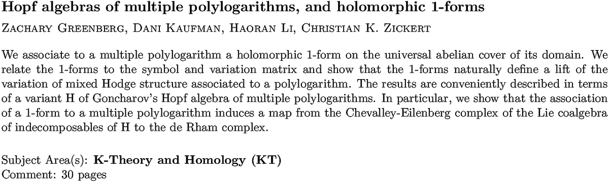 arxiv.org/abs/2211.08337…
Z Greenberg et. al.
Hopf algebras of multiple polylogarithms, and holomorphic 1-forms