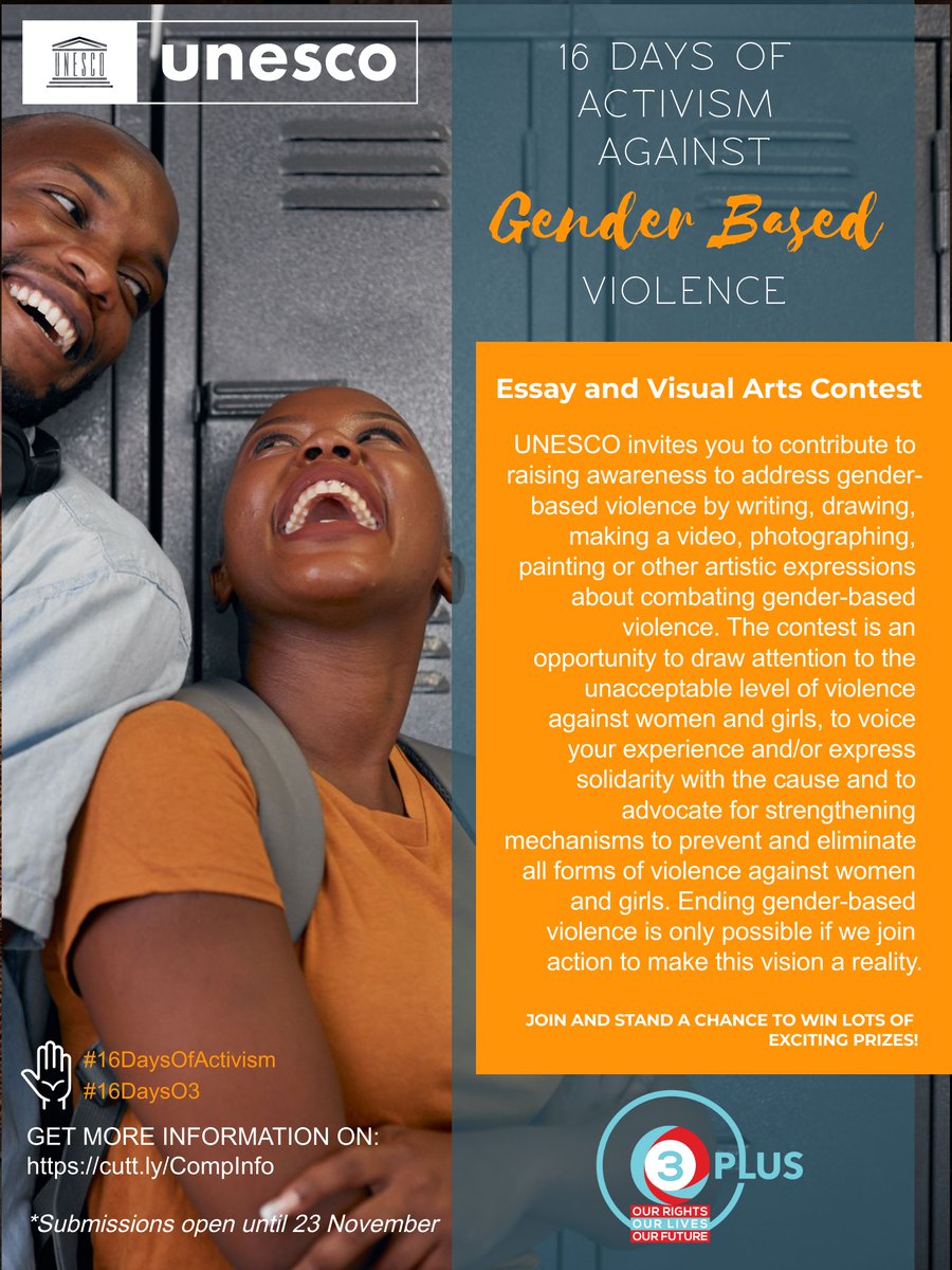 As part of the 16 Days of Activism against Gender-Based Violence, UNESCO has launched an essay and visual arts contest. Learn more here: cutt.ly/CompInfo
#16DaysOfActivism
#16Days03