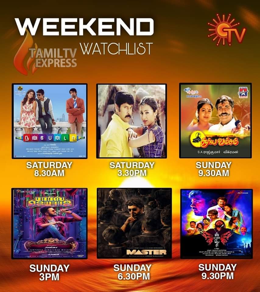 #SunTV Weekend Watchlist

#Udhayanidhi #ChiyaanVikram𓃵 #Sarathkumar #Santhanam #ThalapathyVijay #VijaySethupathy #PaVijay #Nayanthara #Trisha #Radhika #Devayani #MalavikaMohanan 

Credit Owned By Respective Creditors