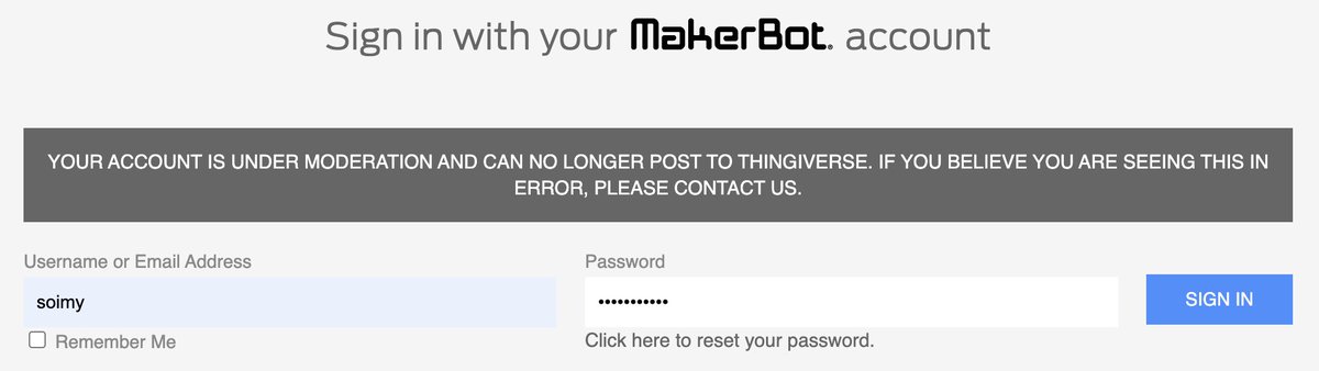 soimy's tweet photo. @thingiverse Contacted many times and no response. You must have banned my account for a reason, but at least you should let me remove all my work and leave. https://t.co/BP0yYxVIXW