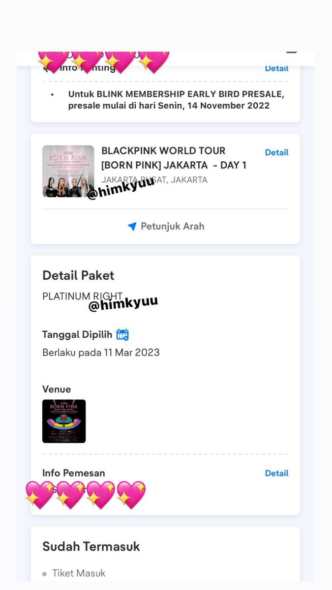 himkyuu's tweet photo. ❗️WTS (Want To Sale) BORNPINK; BLACKPINK WORLD TOUR IN JAKARTA❗️

🎟PLATINUM RIGHT (1 tix)
🗓DAY 1 (Sabtu, 11 Maret 2023)
💵reasonable price
🏷dibantu tukar tiket fisik

#BORNPINKJakarta https://t.co/xvIO7S7swF