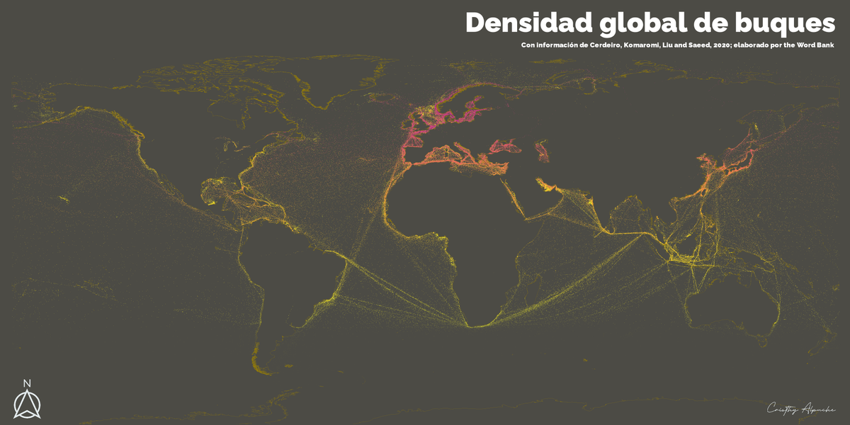 crisalpuche's tweet photo. Día 6. Redes

Densidad global de buques. Con información del @worIdbank  incluye información sobre buques comerciales, pesca, ocio, pasajeros, petróleo y gas. Es posible visualizar las rutas marítimas más transitadas. 

#30DayMapChallenge https://t.co/RyGmh76eCV