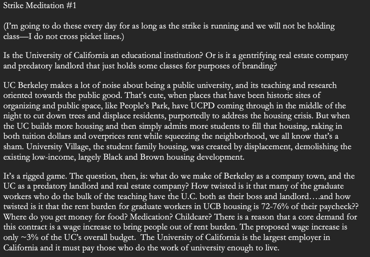 jurosek's tweet photo. As an exploited adjunct at UCB extension I've cancelled class in solidarity with the  @uaw2865 @sruuaw @UAW5810  strike. I don't cross picket lines. 

Non-scab instructors welcome to use these rants I'm sending to class every day until the strike ends. @reclaimuc #FairUCNow https://t.co/NnHdurnC3o