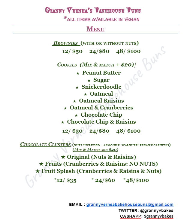 GrannyVBakes's tweet photo. Please place your orders today - 
Menus below! 
#Food #TrendingNow #Trending #TrendingTopics #vegan #veganlife #bakery #sweets #GiftsForAll #Cookies #brownies #forsale #HolidaysAreComing #selflove #sweet #HolidayShopping #chef #smallbusinessowner https://t.co/3nnM9XL0v0
