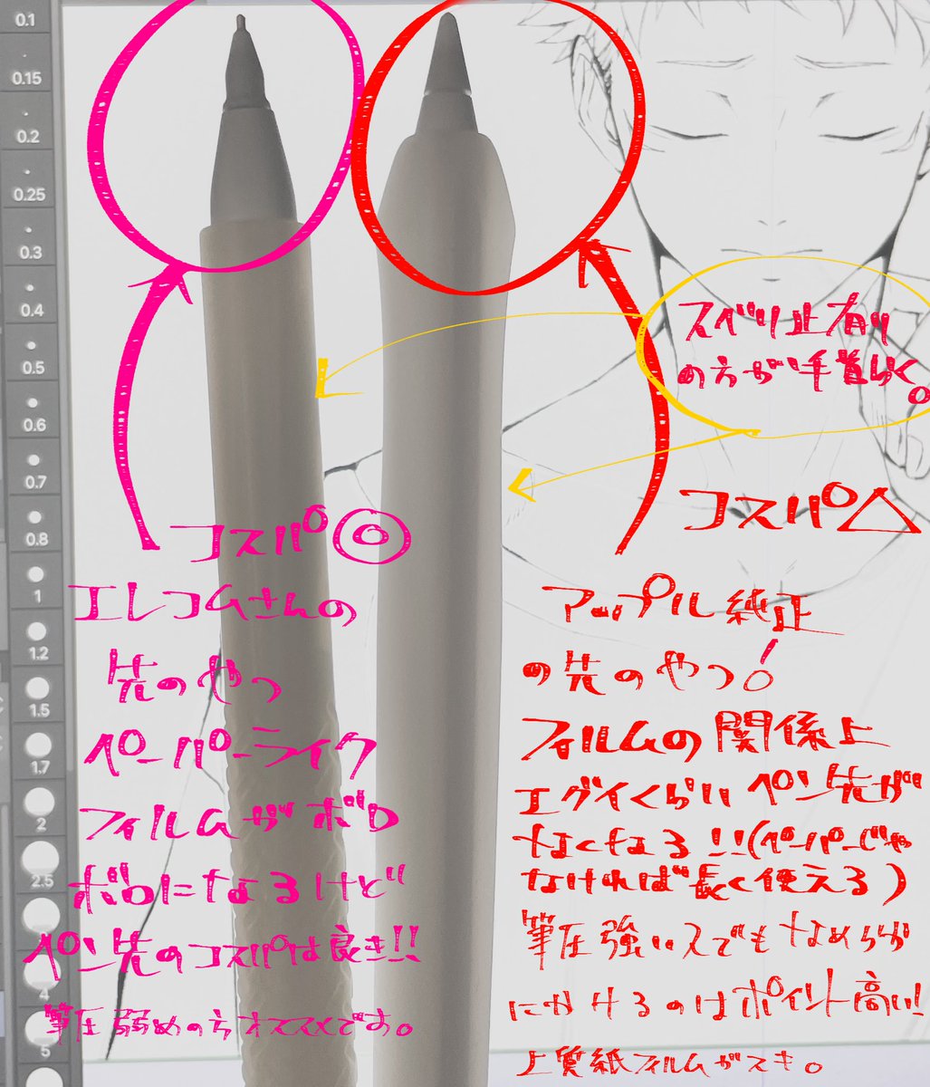 ipadPro用に使ってるApplePencil2
筆圧強い私は▶︎派でした🫠
ただ滑るので本体は滑り止め有ると良きです👀🙏
フィルムがツルツルになって替え時来たなぁって頃に◀︎を使ってたりします。 