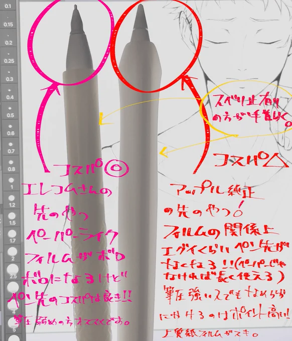 ipadPro用に使ってるApplePencil2筆圧強い私は派でしたただ滑るので本体は滑り止め有ると良きですフィルムがツルツルになって替え時来たなぁって頃にを使ってたりします。 