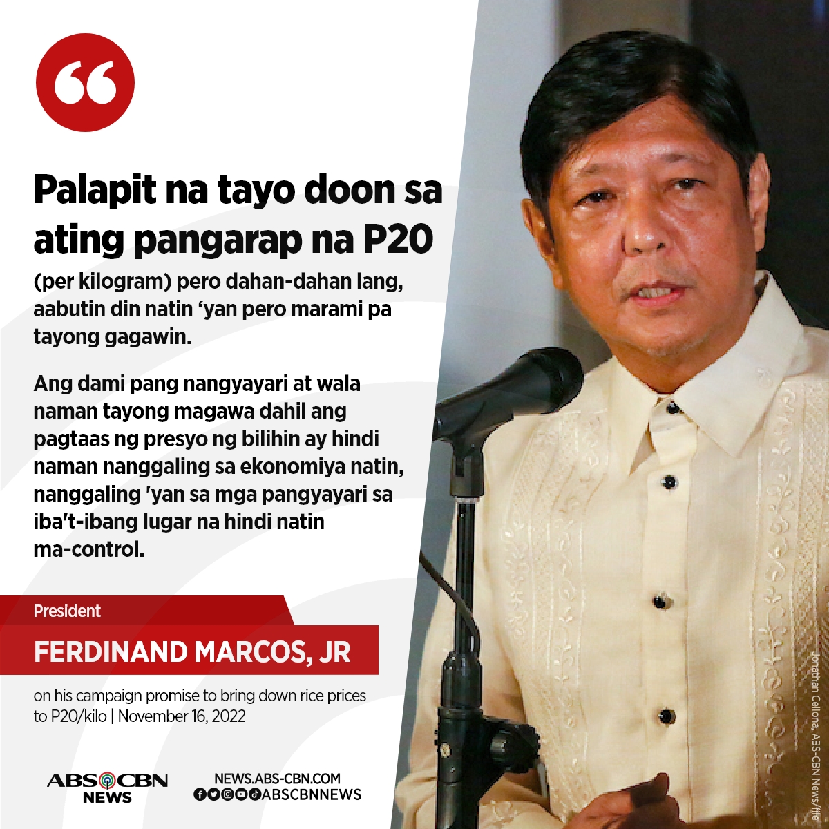 ABSCBNNews's tweet photo. President Ferdinand Marcos, Jr. says his promise to bring down the price of rice to P20/kg will soon become a reality, but adds that other things must be accomplished first.

READ: https://t.co/PrzenE3ZNn https://t.co/0sAFXasMJ4
