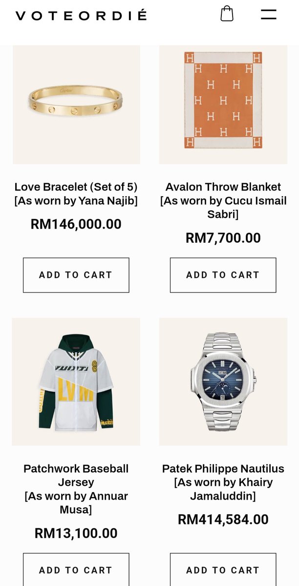 Someone made a luxury ecom site that showcases their wealth.

Now you too can dress up as Malaysia's political elites hahaha

voteordie.shop