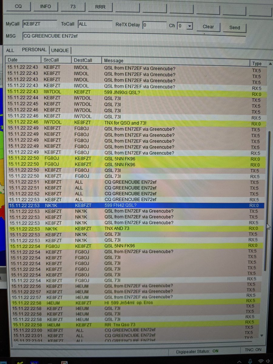 WooHoo! 4 contacts through GREENCUBE tonight! Thanks IW7DOL JN90, FG8OJ FK96, NK1K FN42 and I4EUM JN54! FT-817 with 5w, SATPC32ISS, Alaskan Arrow!!!