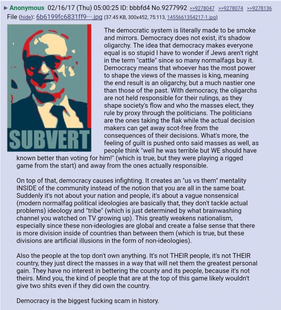 HitwasRight's tweet photo. @immenselyme @FinnUnreal @Juan_abeja @JeffOfTheMntns @clownworld Why vote? It’s rigged at the polls, after the vote, and in the white house. All bought off and indoctrinated into (((globohomo))). https://t.co/F5LE8F6rM8
