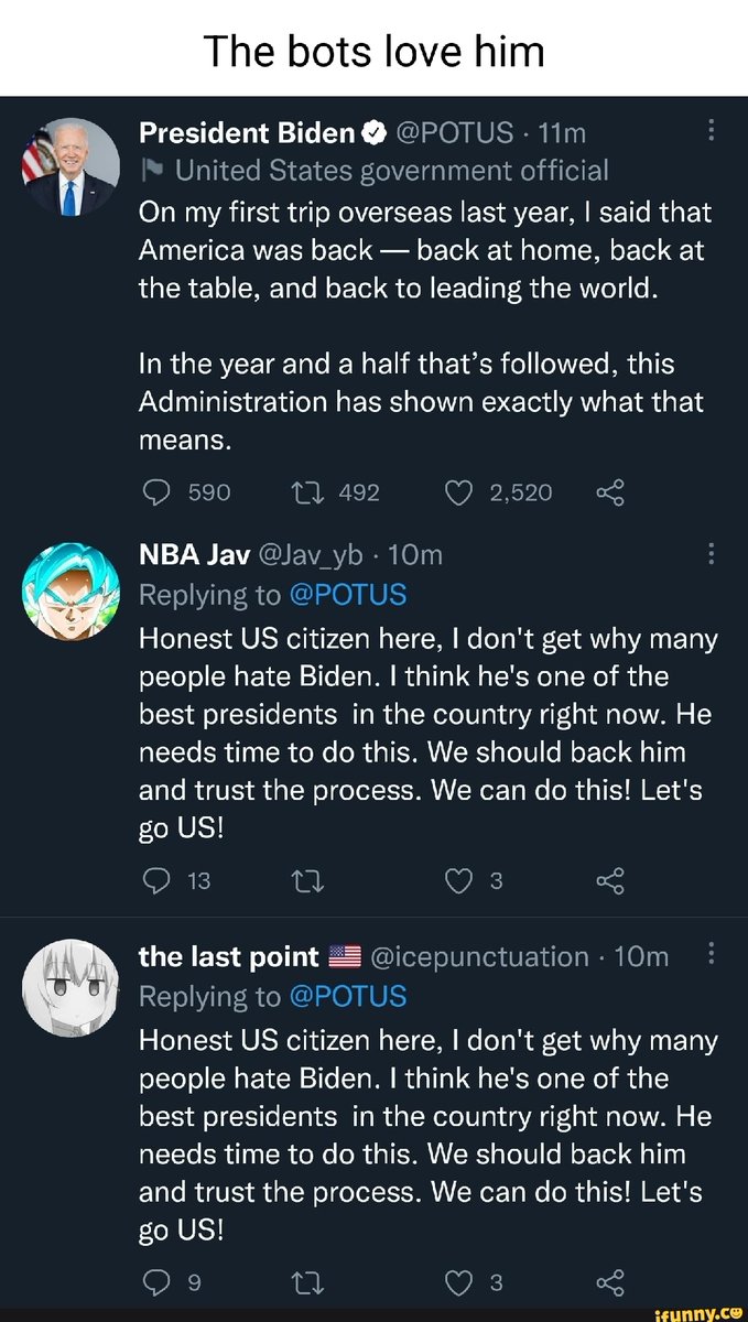 #bots #BidenWorstPresidentEver #BidenIsALaughingstock #Bidenflation #biden #ImpeachBiden #kamala #HunterBiden #fake #politics #Ukraine #Trump2024 #LetsGoBrandon #FJBiden