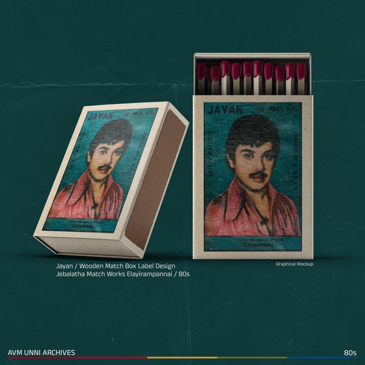 AVMUnniArchives's tweet photo. Remembering Most Popular Action Hero Jayan on His Death Anniversary.
Nov. 16, 1980. 💐

Wooden Match box label design in 80s by Jebalatha Match works Elayirampannai.

#jayan #actorjayan 
#matchboxlabel #design #MalayalamMovie
#malayalammovie #cinema #avmunniarchives #philately https://t.co/o2ugoQksge