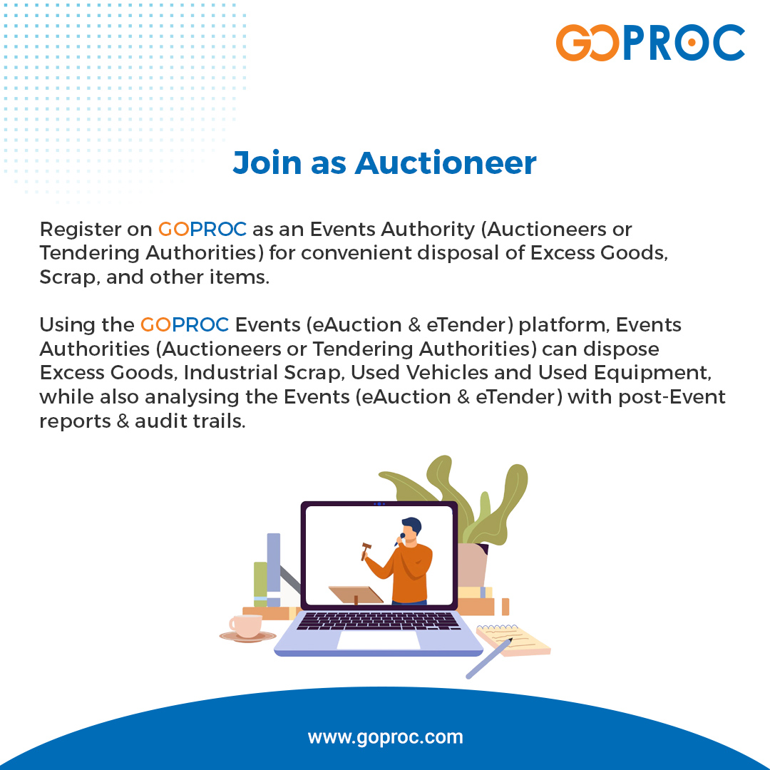 GOPROC_'s tweet photo. Register on GOPROC as an Events Authority (Auctioneers or Tendering Authorities) to easily dispose of Excess Goods, Scrap, and more.

Email us at support@goproc.com or give us a call at +91 73388 96912 to get started .

Visit our website: https://t.co/wBP7alj9Zt https://t.co/LYeIzNRKQH