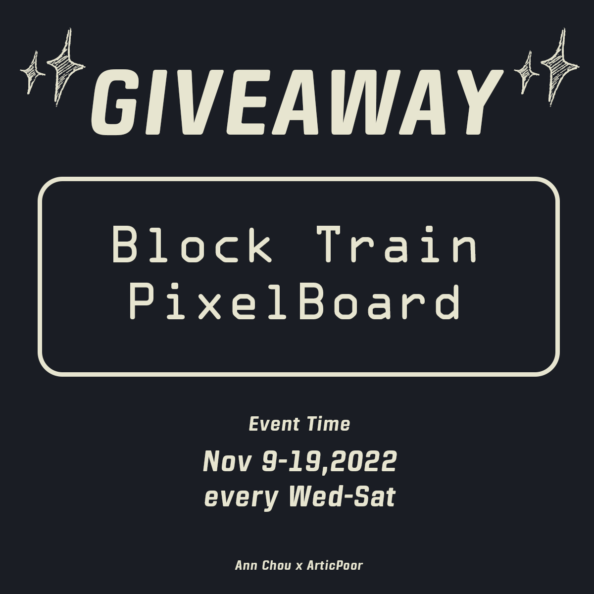 ArticPoor's tweet photo. \\ GIVEAWAY NFT 1 PIXELBOARD //
- Rule
1) Reply 1 Art or Design work you love
2) Tag 1 friend
3) RT & Like
- Draw 2 winner in 24 HR
(1) MysteriousSmile
https://t.co/V05DxwSZ1K
(2) BeSincere
https://t.co/l8KVFbNCbO
#tezos #pixelart #akaSwap #CleanNFT #PixelBoard https://t.co/x6koXvivVP
