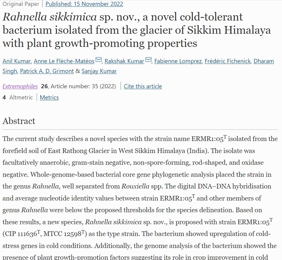 Glad to share our recent article published in the journal extremophiles, where we isolated and named a novel bacterium from the moraine site of Rathong glacier Sikkim Himalayas. The article can be accessed at rdcu.be/cZLoy