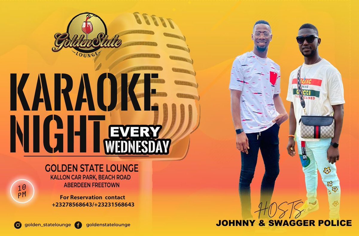 gslounge01's tweet photo. Karaoke night 💃💃

Enjoy unlimited fun at Golden State Lounge.

Enjoy the best music with our hosts tonight.

Karaoke night!!! The night you shouldn't miss.

Live at Golden State Lounge.
#goldenstatelounge #ladiesnight #karaokenight #clubandlounge #saloneforlife🇸🇱❤️ #sierraleone https://t.co/NmBdCCR1jN