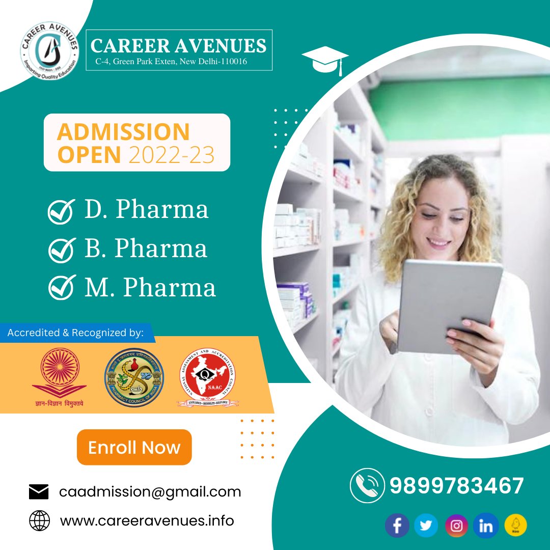 Study revolutionary Pharma Research and Explore Pharmaceutical Science.
Enroll yourself at Career Avenues today!!
#Education #DiplomainPharmacy #MasterinPharmacy #Pharmacy #Pharmacy #MPharma #BPharma #DPharma #CareerinPharmacy #admissionopen #learn #remotelearning #students