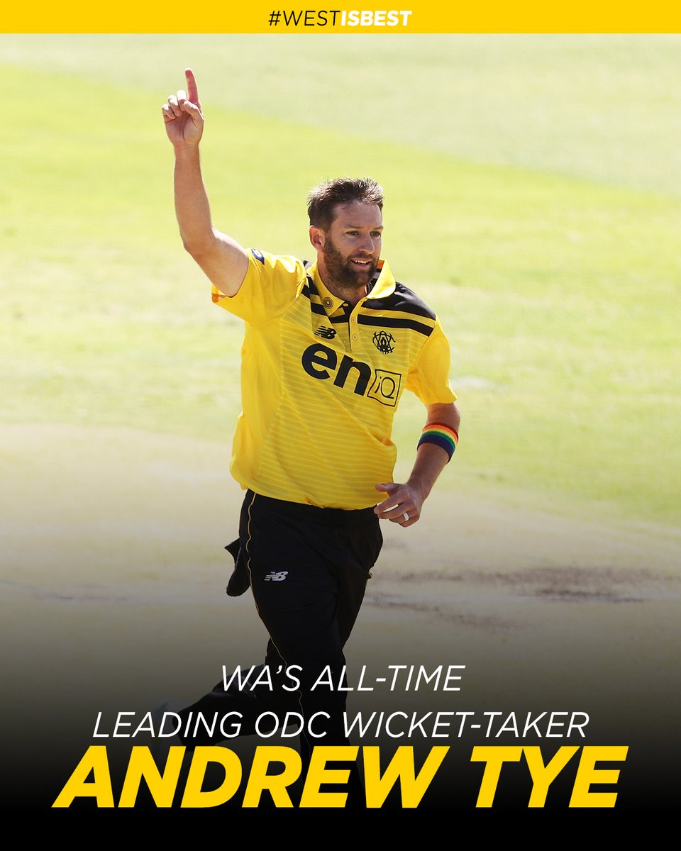 WACA_Cricket's tweet photo. Take a bow, AJ 👏 With his 104th One-Day Cup wicket, the veteran seamer has eclipsed the record set by Kade Harvey in 2004-05 🔥 A champion of WA Cricket 💛🖤 https://t.co/HzJHlwHI6a