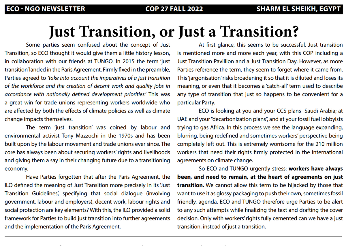 Important message to negotiators at #cop27: Workers have always been, and need to remain, at the heart of agreements on #JustTransition. Thx <a href="/CANIntl/">Climate Action Network International (CAN)</a> to support this workers'demand! @KLageweg