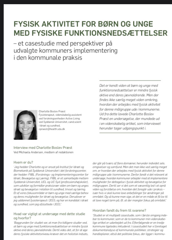 Der mangler en målrettet, struktureret og tværgående kommunal indsats for at give børn og unge med fysiske funktionsnedsættelser bedre muligheder for fysisk aktivitet. Det kan du læse mere om her👇👇 boernefysioterapi.dk/siteassets/dok…