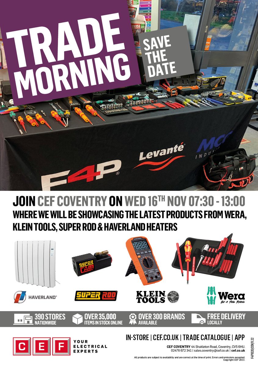 F4Pinfo's tweet photo. Join our BDM Simon from Cefco & Adam from @weratoolsuk this morning at CEF Coventry Trade Morning till 1pm, where the guys are showcasing the latest products from Wera, Haverland, Super Rod & Klein Tools. Don't miss out and grab yourselves a bargain! #trademorning #cefcoventry https://t.co/wnDVWo0OnI
