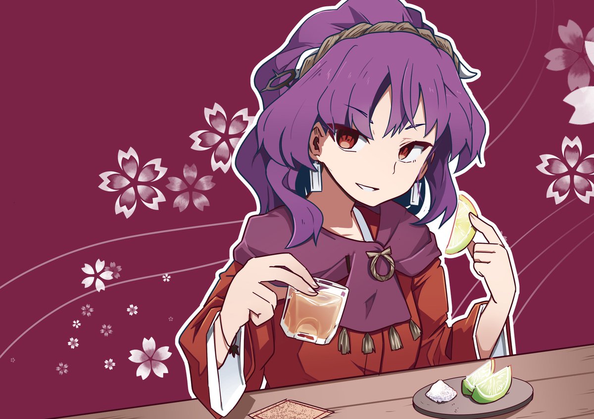 yasaka kanako 1girl purple hair solo food red eyes fruit earrings  illustration images