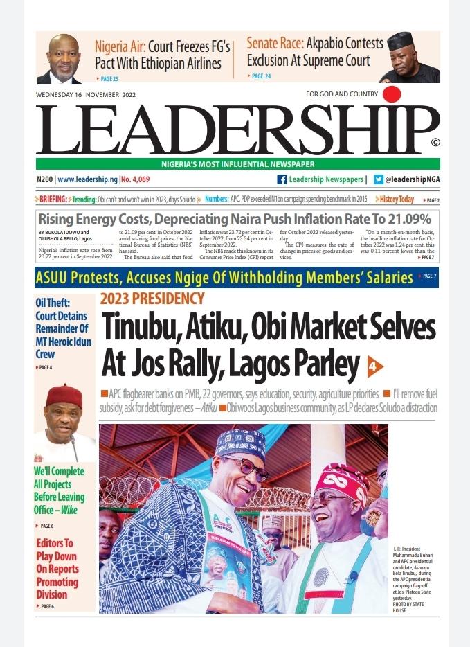LEADERSHIP NEWS on Twitter "The front page of LEADERSHIP Newspaper For Wednesday"