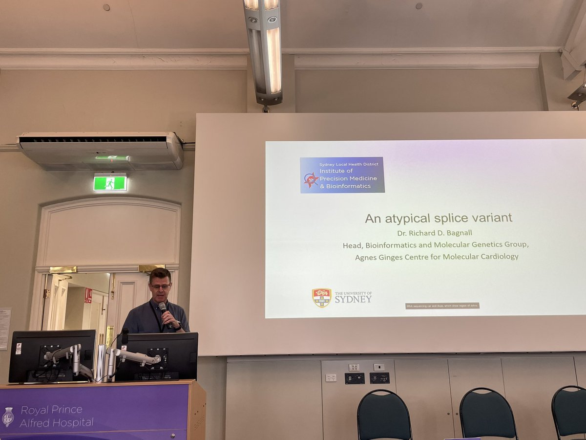 Dr Bagnall presents a case study on a rare splice variant on SCN5A gene, and give us an insight of how RNA functional work can help with variant classification and clinical management for patient.
@rdbagnall #TeamCardio
#IPMB #RPAH #Bioinformatics 
@SLHD_IPMB @CentenaryInst